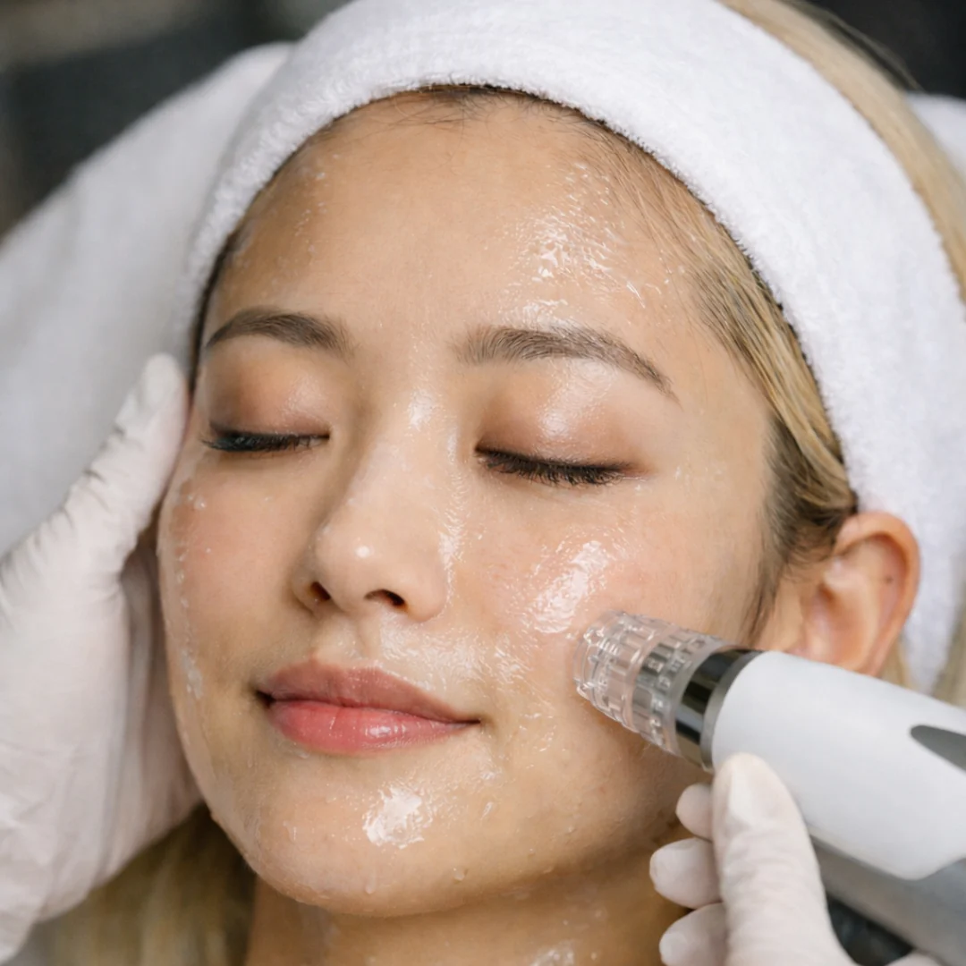 Woman receiving facial treatment with handheld device on cheek, wearing white headband and towel.