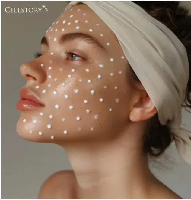 Person wearing a cream-colored facial mask with white dots covering the face and forehead, with hair wrapped in a towel.
