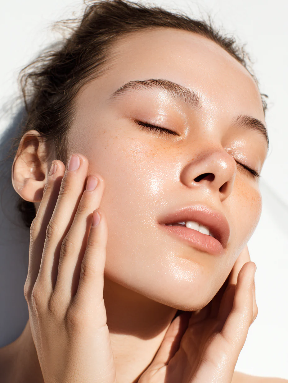 Woman with glowing skin touching her face with both hands, eyes closed, against white background.